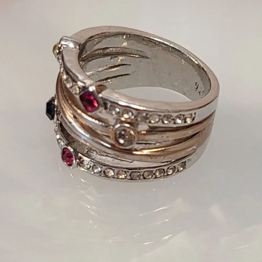 925 Sterling Silver Rainbow CZ Ring Size 6 Multi Color Gem Wide Statement Band